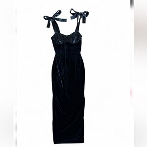 Showpo. Women’s 4 Black Bodycon Maxi Dress Velvet Satin Bow Tie Strap Sleeveless